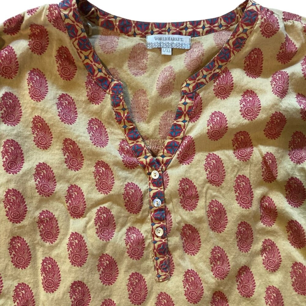 Women's WORLD MARKET Semi Sheer Cotton V-Neck 3/4 Sleeve Paisley Tunic Top L XL - Picture 2 of 2